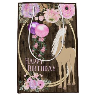 Pretty Horse and Flowers on Barnwood Birthday Medium Gift Bag