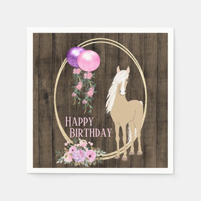 Pretty Horse and Flowers on Barnwood Birthday  Napkins (Front)