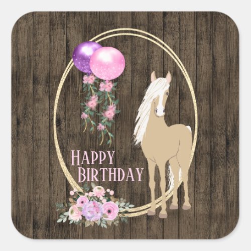 Pretty Horse and Flowers on Barnwood Birthday Square Sticker