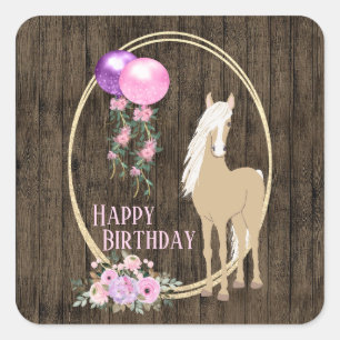 Pretty Horse and Flowers on Barnwood Birthday Square Sticker