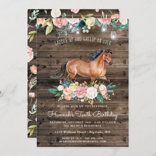 Pretty Horse and Flowers on Rustic Wood Birthday Invitation