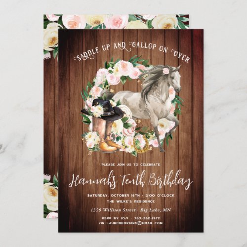 Pretty Horse and Flowers on Rustic Wood Birthday  Invitation