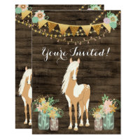 Pretty Horse and Flowers on Rustic Wood Birthday Invitation