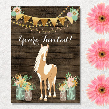 Pretty Horse And Flowers On Rustic Wood Birthday Invitation by TheCutieCollection at Zazzle