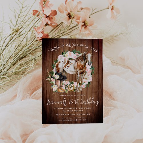 Pretty Horse and Flowers on Rustic Wood Birthday  Invitation