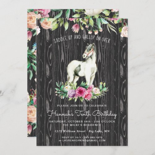 Pretty Horse and Flowers on Rustic Wood Birthday Invitation
