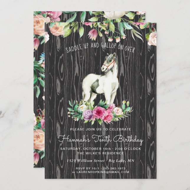Pretty Horse and Flowers on Rustic Wood Birthday Invitation (Front/Back)
