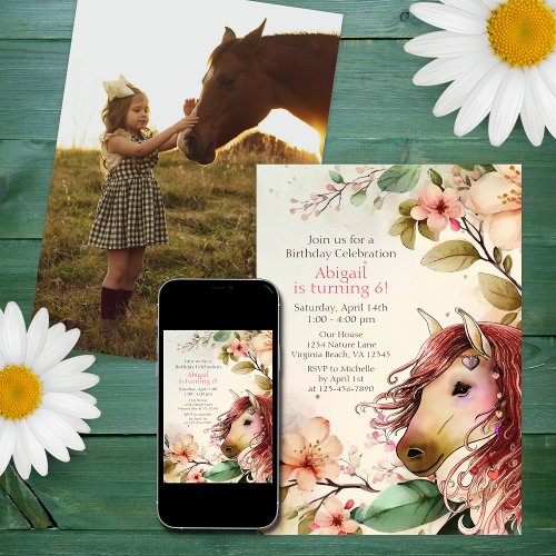 Pretty Horse and Flowers PHOTO Birthday Invitation