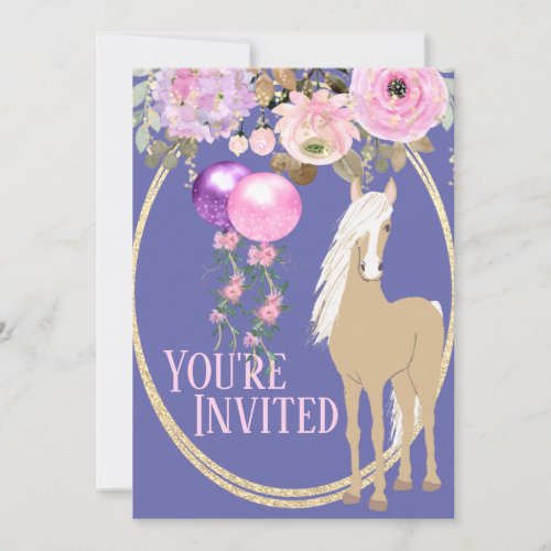 Pretty Horse and Flowers Pink Periwinkle Birthday Invitation