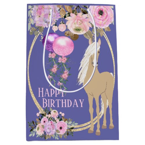 Pretty Horse and Flowers Pink Periwinkle Birthday Medium Gift Bag