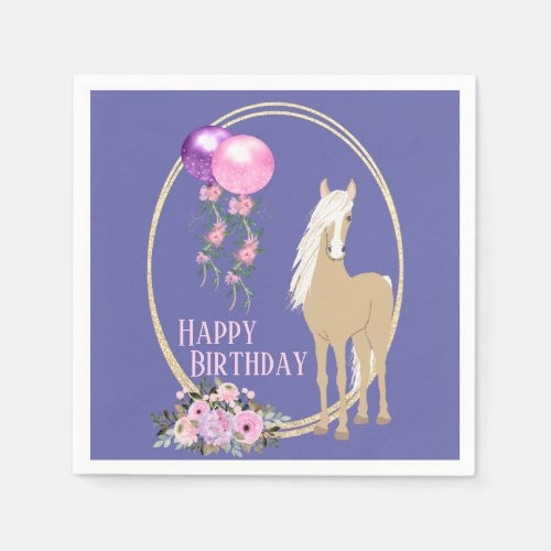 Pretty Horse and Flowers Pink Periwinkle Birthday Napkins