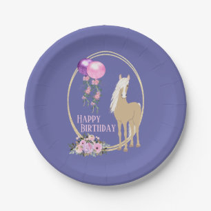 Pretty Horse and Flowers Pink Periwinkle Birthday Paper Plates