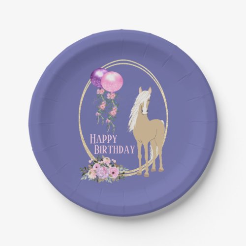 Pretty Horse and Flowers Pink Periwinkle Birthday Paper Plates