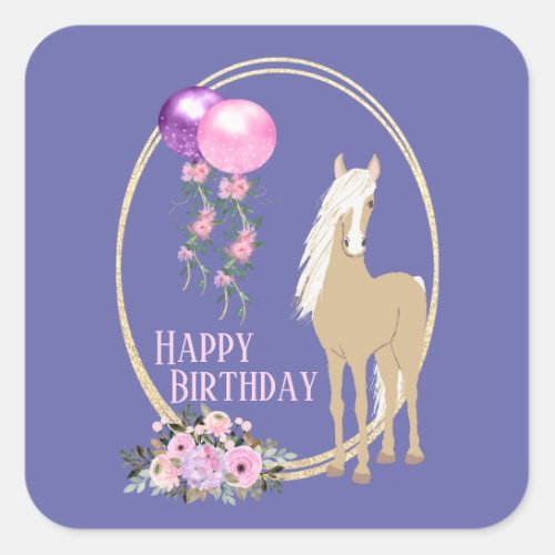 Pretty Horse and Flowers Pink Periwinkle Birthday Square Sticker