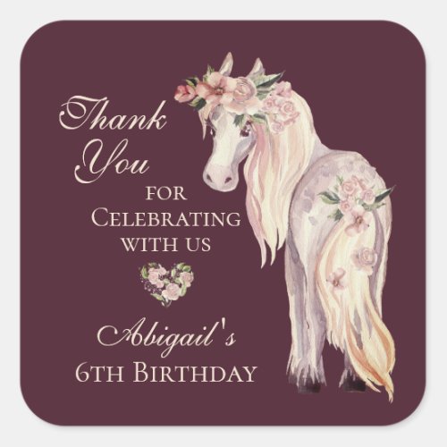 Pretty Horse and Flowers Pony Thank You Birthday Square Sticker