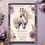 Pretty Horse And Flowers Purple And Gold Birthday Invitation at Zazzle