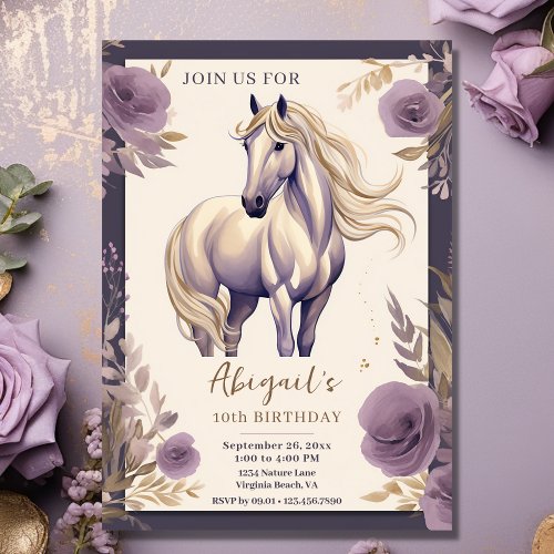 Pretty Horse and Flowers Purple and Gold Birthday Invitation