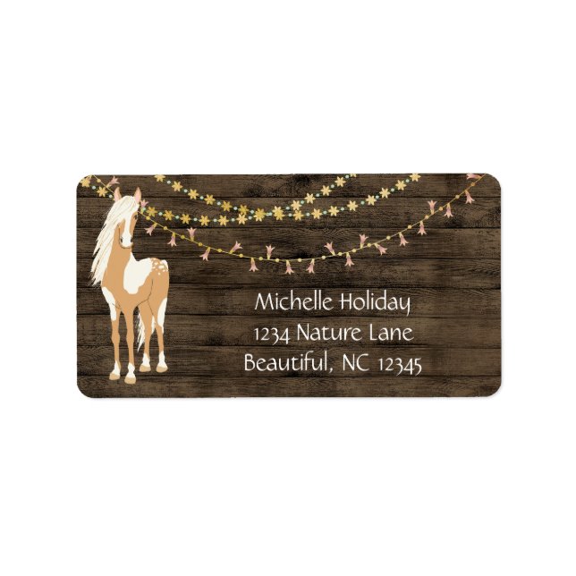 Pretty Horse and Flowers Rustic Wood Address Label (Front)