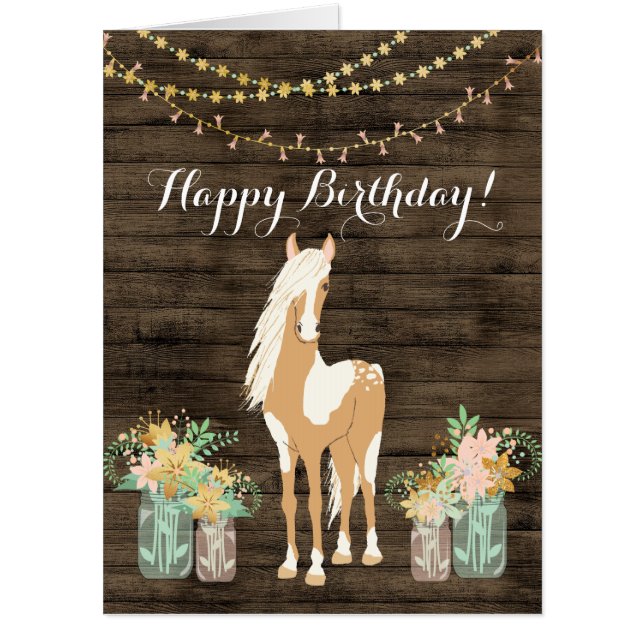 Pretty Horse and Flowers Rustic Wood BIG Birthday Card (Front)