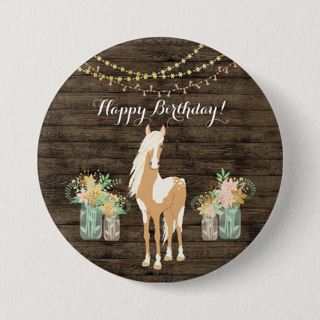 Pretty Horse and Flowers Rustic Wood Birthday Button (Front)