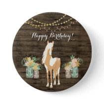 Pretty Horse and Flowers Rustic Wood Birthday Button