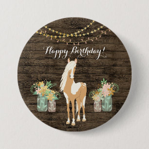 Pretty Horse and Flowers Rustic Wood Birthday Button