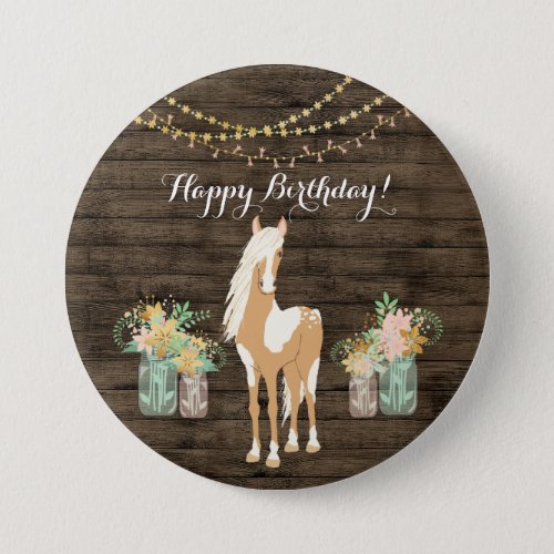 Pretty Horse and Flowers Rustic Wood Birthday Button