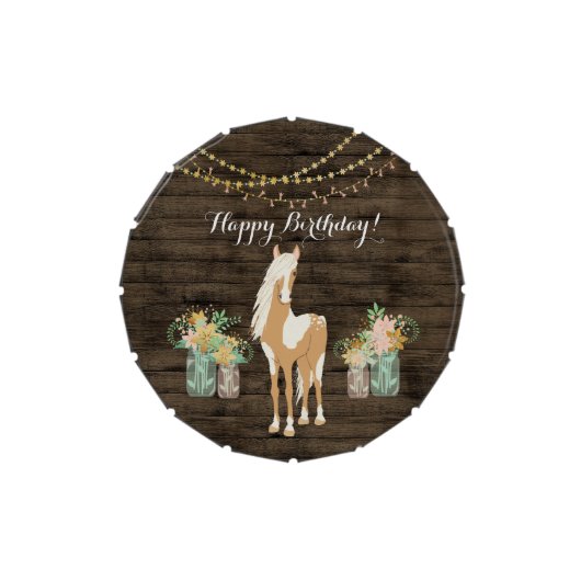 Pretty Horse and Flowers Rustic Wood Birthday Candy Tin (Top)