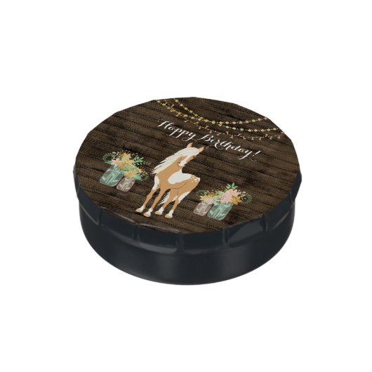 Pretty Horse and Flowers Rustic Wood Birthday Candy Tin (Side)