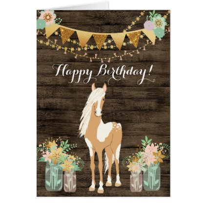 Pretty Horse and Flowers Rustic Wood Birthday Card