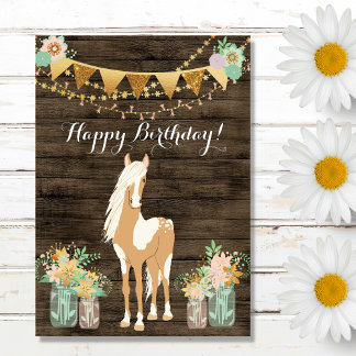 Pretty Horse and Flowers Rustic Wood Birthday Card