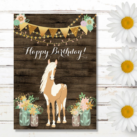 Pretty Horse And Flowers Rustic Wood Birthday Card