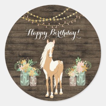 Pretty Horse And Flowers Rustic Wood Birthday Classic Round Sticker by TheCutieCollection at Zazzle