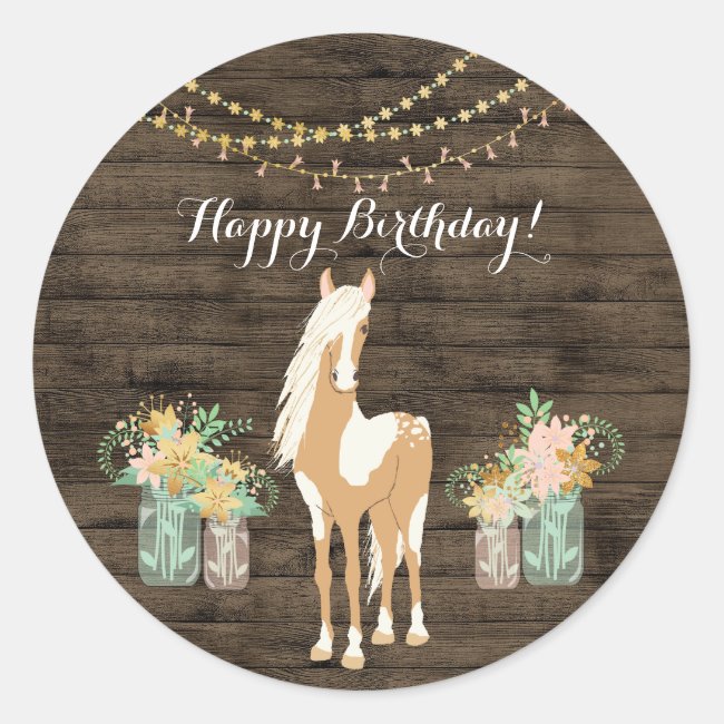 Pretty Horse and Flowers Rustic Wood Birthday Classic Round Sticker