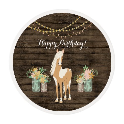 Pretty Horse and Flowers Rustic Wood Birthday Edible Frosting Rounds