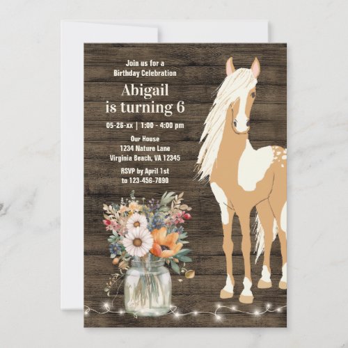 Pretty Horse and Flowers Rustic Wood Birthday Invitation