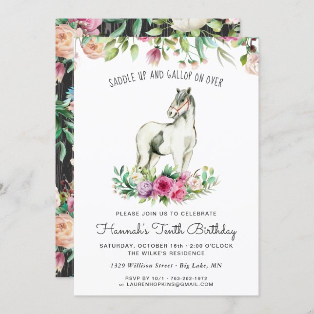 Pretty Horse and Flowers | Rustic Wood Birthday Invitation (Front/Back)