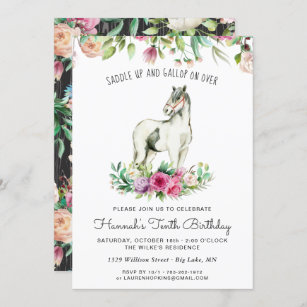 Pretty Horse and Flowers   Rustic Wood Birthday Invitation