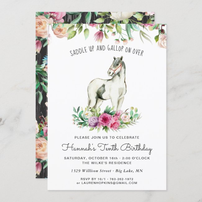 Pretty Horse and Flowers | Rustic Wood Birthday Invitation