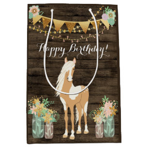 Pretty Horse and Flowers Rustic Wood Birthday Medium Gift Bag