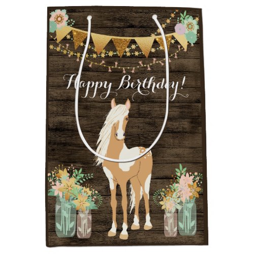 Pretty Horse and Flowers Rustic Wood Birthday Medium Gift Bag