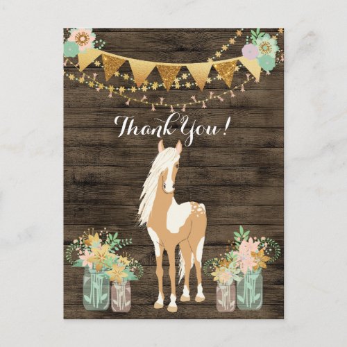 Pretty Horse and Flowers Rustic Wood Thank You Postcard