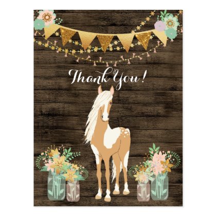 Pretty Horse and Flowers Rustic Wood Thank You Postcard