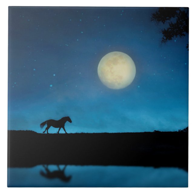 Pretty Horse and Moon with Blue Sky Ceramic Tile (Front)