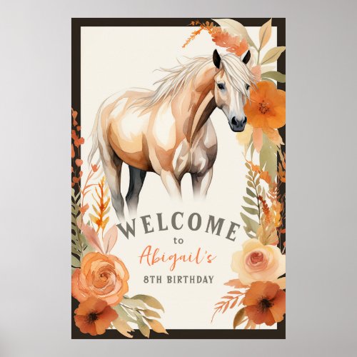 Pretty Horse and Peach Flowers Birthday Welcome Poster