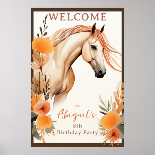 Pretty Horse and Peach Flowers Birthday Welcome Poster