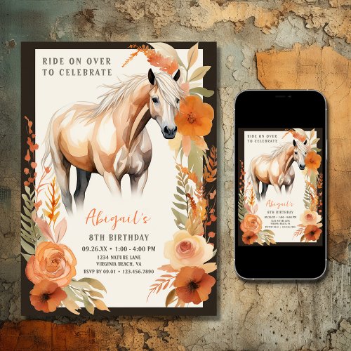 Pretty Horse and Peach Flowers Watercolor Birthday Invitation