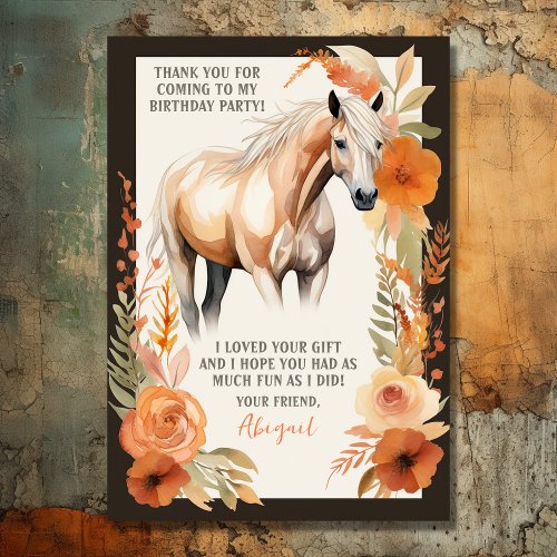 Pretty Horse and Peach Flowers Watercolor Birthday Thank You Card