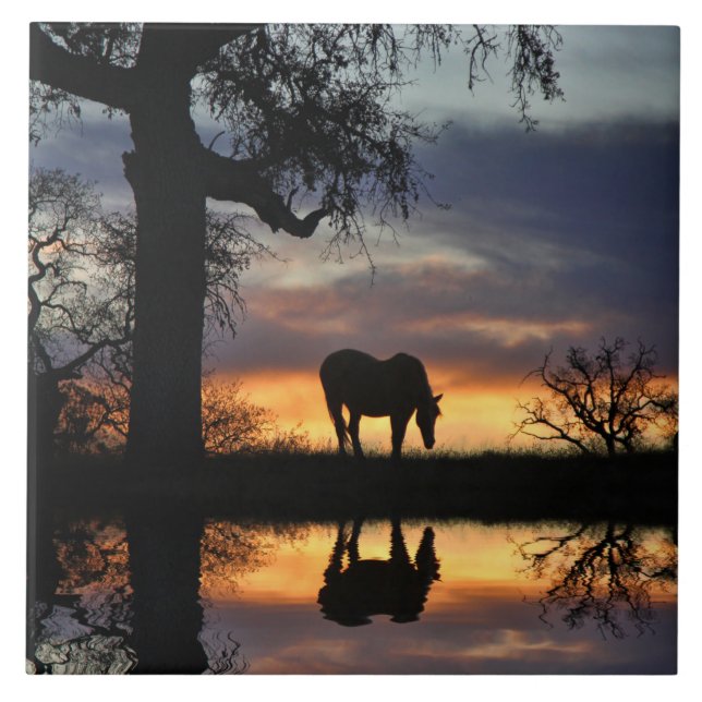 Pretty Horse and Sunset with Oak Tree and Water Ceramic Tile (Front)
