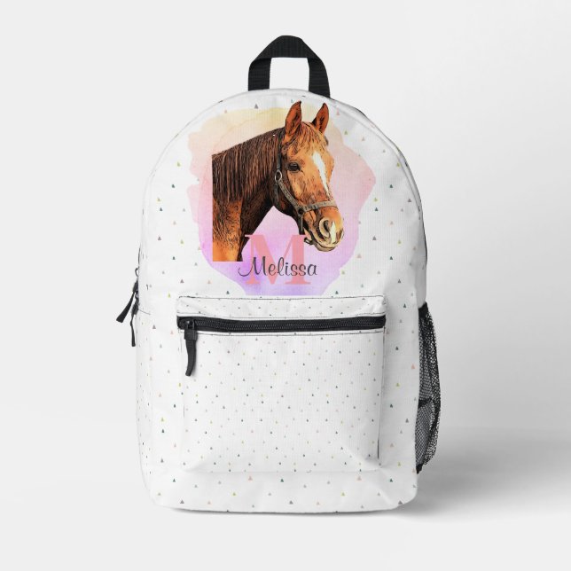 Pretty Horse Animal Equestrian Stables Monogram Printed Backpack (Front)